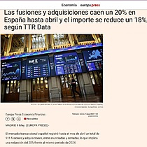 Las fusiones y adquisiciones caen un 20% en Espaa hasta abril y el importe se reduce un 18%, segn TTR Data